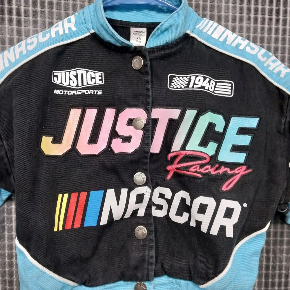 Justice NASCAR Racing Jacket Kids Twill Cropped Bomber XS 5-6 Black Blue